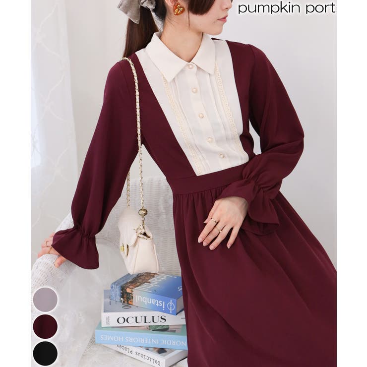 Pumpkin Port ゴールドボタン ピンタックブラウス ドッキングワンピース トップス