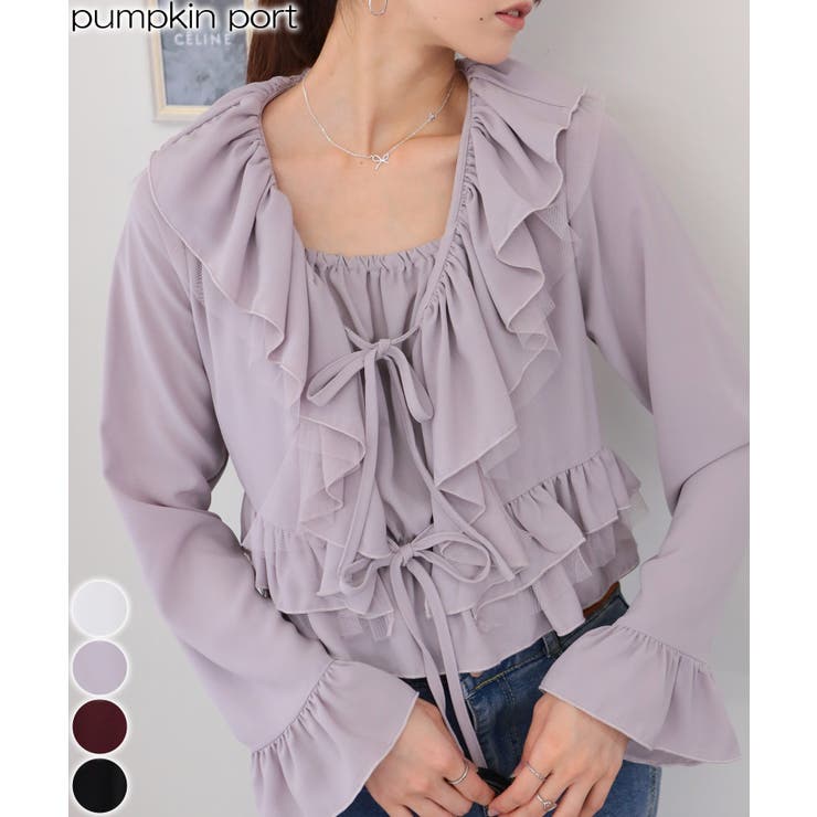 Pumpkin Port セットアップ風 フリル＆リボン使いの長袖ブラウストップス トップス