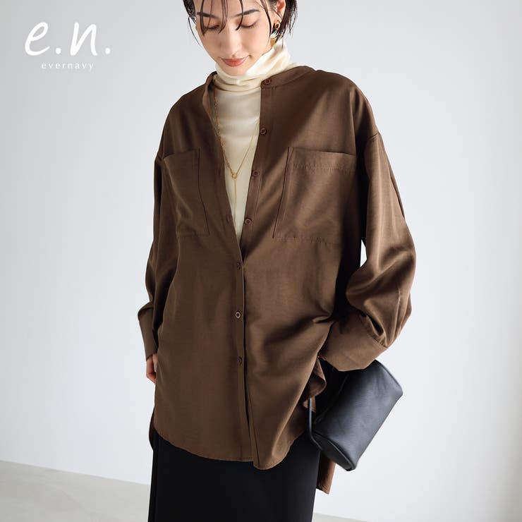 andme evernavy エバーネイビー とろみ バンドカラー ロング シャツ レディース トップス シャツブラウス ロングシャツ 羽織り 軽アウター チュニック オーバーサイズ 体型カバー ゆったり 楽ちん ポケット イージーケア きれいめ オフィのサムネイル