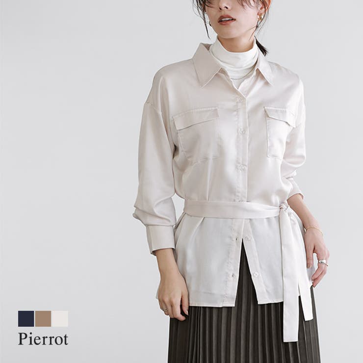 【10％OFFクーポン！7/26(日)1:59まで】Pierrot ベルト付きシャツ ☆ シャツ ベルト オーバーシルエット リボン 羽織 上品 ポケット ピエロ 【Pierrot】 トップス
