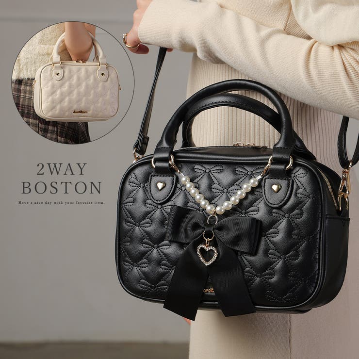 【10％OFFクーポン！3/26(木)1:59まで】ALTROSE リボン りぼん 刺繍 チャーム パール リボン ボストンバッグ ボストン ミニボストン 小さい ショルダーバッグ 2way ミルクティー バッグ・鞄
