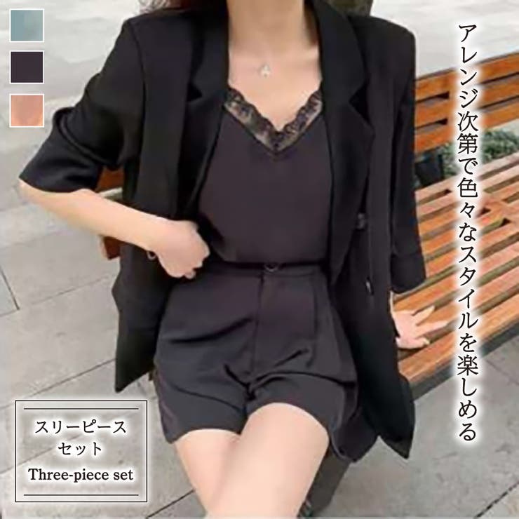 Girly Doll ジャケット＆ショートパンツ＆レースキャミ スリーピースセット【韓国ファッション】 スーツ