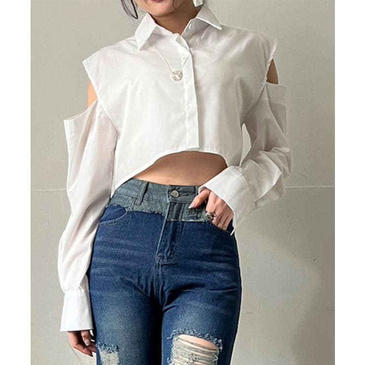 Jewelobe ショルダーカットアウトクロップドシャツ トップス