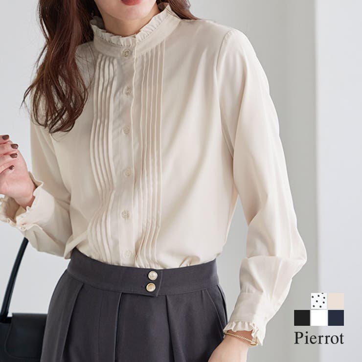 【10％OFFクーポン！7/26(日)1:59まで】Pierrot フリルネックピンタックブラウス ☆ ブラウス ピンタック フリルネック 長袖 フリル袖 レイヤード ドット ネイビー ピエロ トップス