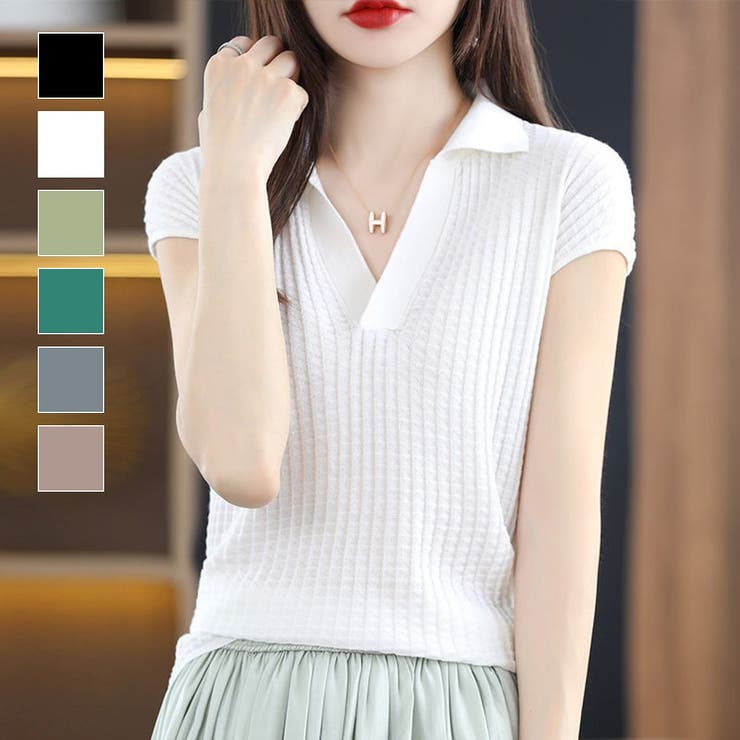 maison de LATIR カジュアル過ぎず大人な印象に！襟付き半袖ニット 上品 きれいめ 女性らしい 冬 プルオーバー シンプル おしゃれ 通勤 トップス