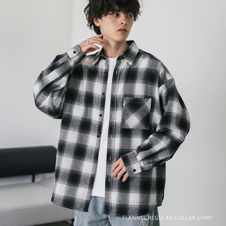 Rocky Monroe 長袖チェックシャツ ネルシャツ オーバーサイズ メンズ レディース レギュラーカラー 総柄 無地 オンブレ フランネル ビッグシルエッ...