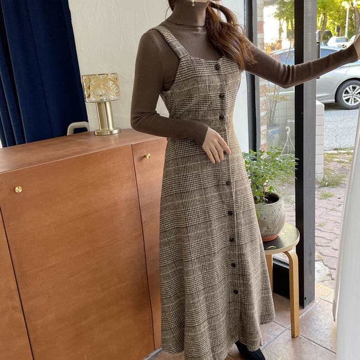 maison de LATIR 冬の主役チェック柄ロングワンピース 大人かわいい トレンド おしゃれ レイヤード フレア フェミニン キレイめ 抜け感 冬 ウエストリボン 大人カジュアル デイリー お出かけ クラシック ガーリー スタイルアップ チェック