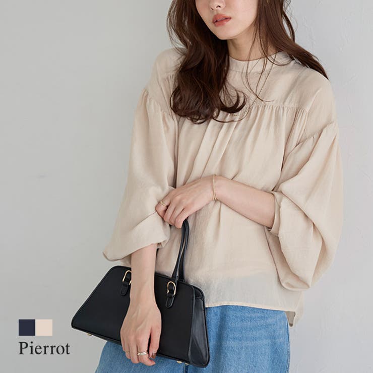 【20％OFFクーポン！3/21(土)限定】Pierrot ギャザーデザインボリュームブラウス ☆ ブラウス ギャザー ボリュームスリーブ オフィス 透け感 華やか 華奢見え ゆったり 着映え ピエロ トップス