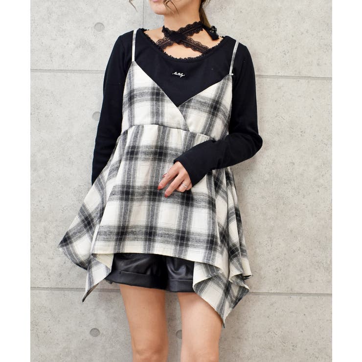 FUN チェックアシメキャミ トップス