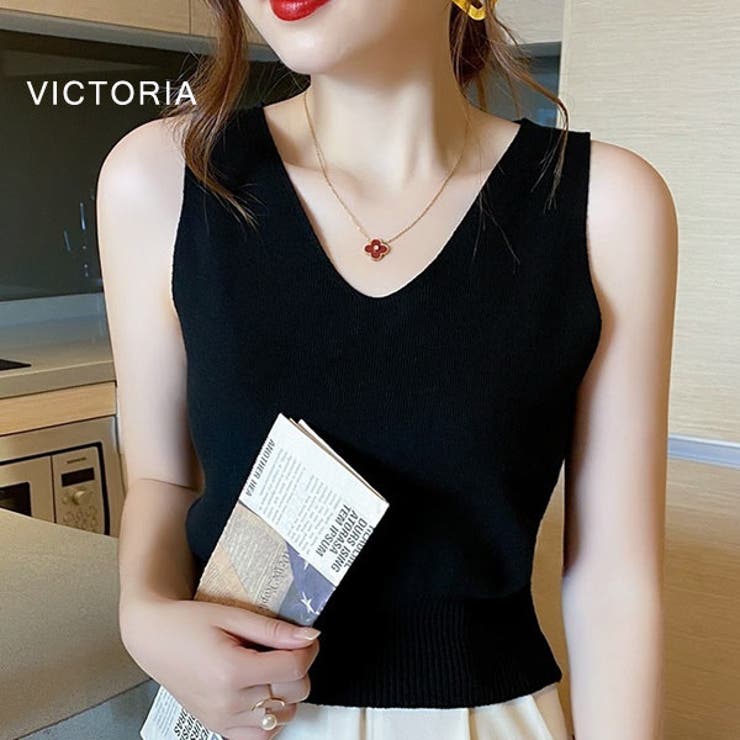 VICTORIA Vネック サマーニット ノースリーブ - デコルテ美人！ 細見え効果◎ タンクトップ 細見え 韓国ファッション レディース 黒 白 春 新作 夏 新作 22F80711 トップス shoplistselect-10325521 SHOPLIST サンプル画像2