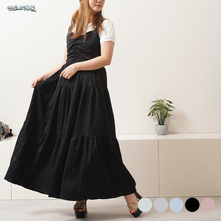 ONE 4 PREMIUM ティアード ワンピース レディース カジュアル ドレス きれいめ ジャンスカ シンプル ジャンパースカート オーガンジー シャーリング ロングワンピース 肩リボン 大人 女性 上品 優雅 華やか フェミニン 可愛い かわいい