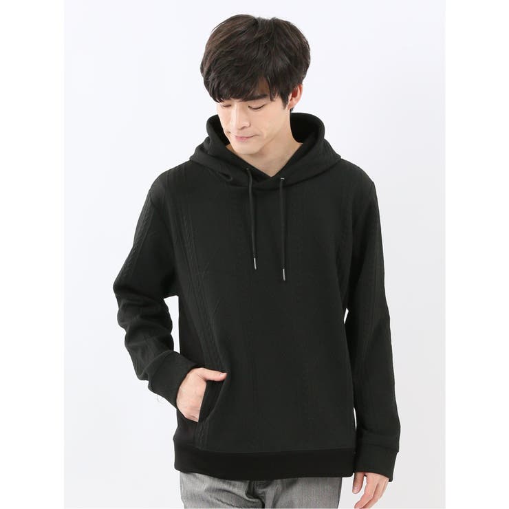 TAKA-Q MEN ふくれジャガード 切替 長袖プルパーカー トップス