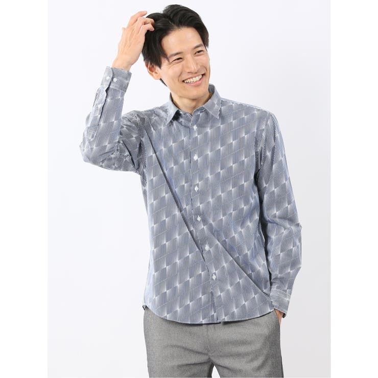 【10％OFFクーポン！2/10(火)1:59まで】TAKA-Q MEN ストレッチ プリント レギュラーカラー長袖シャツ トップス