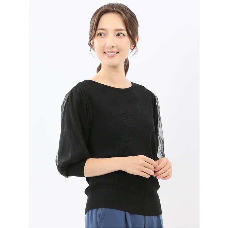 【10％OFFクーポン！11/27(木)1:59まで】TAKA-Q WOMEN ハンドウォッシャブル 袖チュール ニットプルオーバー トップス