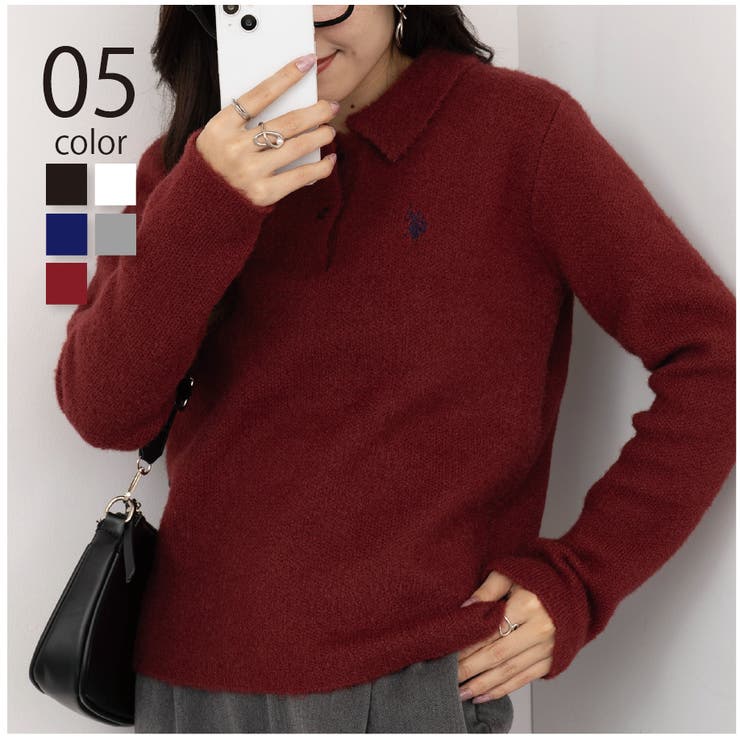 【10％OFFクーポン！11/27(木)1:59まで】SETUP7【WOMEN】 【U.S. POLO ASSN.】ふわふわシャギーニットポロ ワンポイントロゴ刺繍 トップス