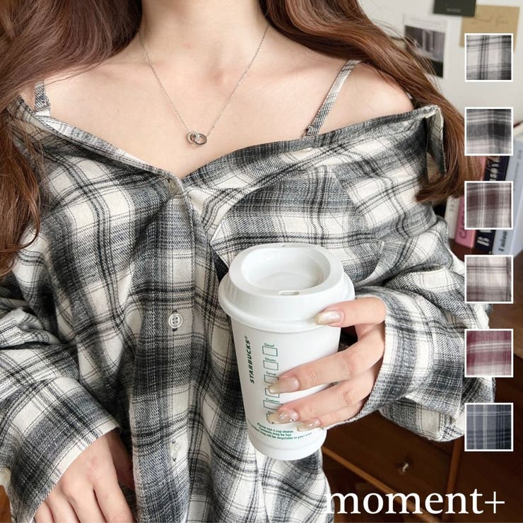 【10％OFFクーポン！10/8(水) 23:59まで】moment+ マルチウェイ長袖ルーズチェックシャツ トップスのサムネイル
