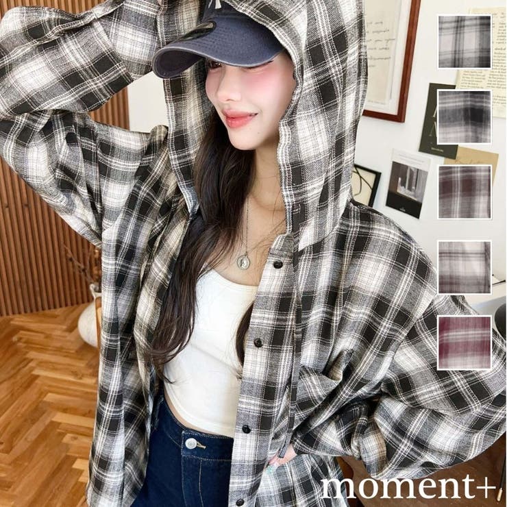 moment+ フード付き長袖チェックシャツ トップス
