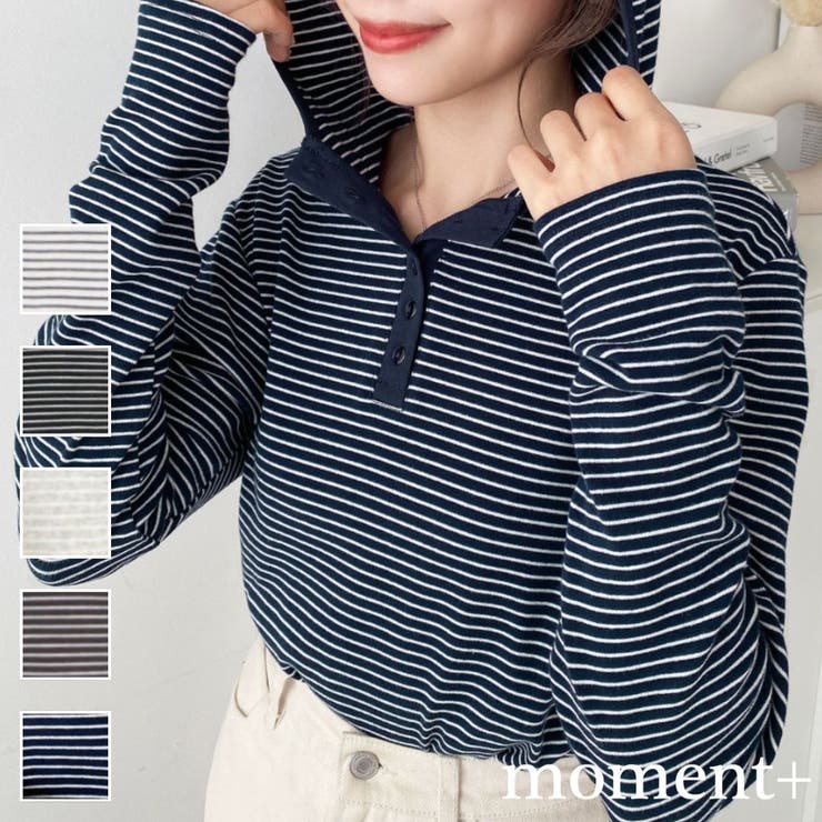 moment+ ヘンリーネックボーダーフーディー トップス