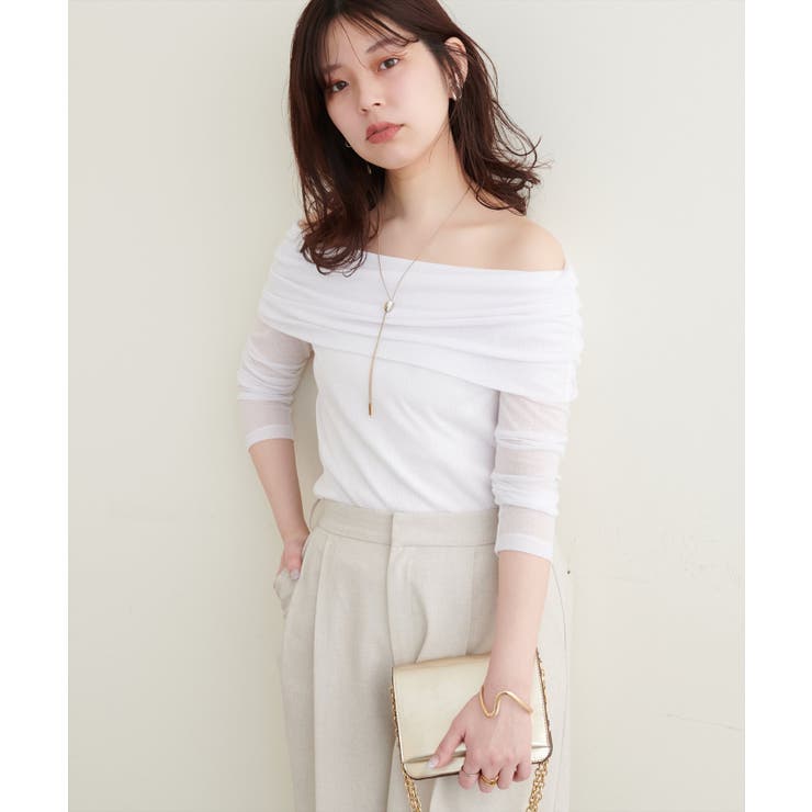 【10％OFFクーポン！10/21(水)9:59まで】NICE CLAUP / OLIVE des OLIVE　OUTLET 【natural couture】シアーギャザーオフショルプルオーバー トップス