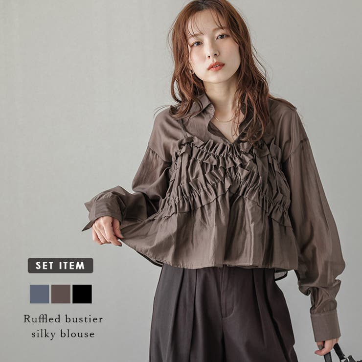 【5％OFFクーポン！10/9(木) 1:59まで！】AMELY セットアイテム ビスチェ ブラウス フリル シアー 透け感 重ね着 レイヤード トレンド トップス レディース おすすめ おしゃれ 2025秋冬新作 【atpaw25-1551】 トップスのサムネイル