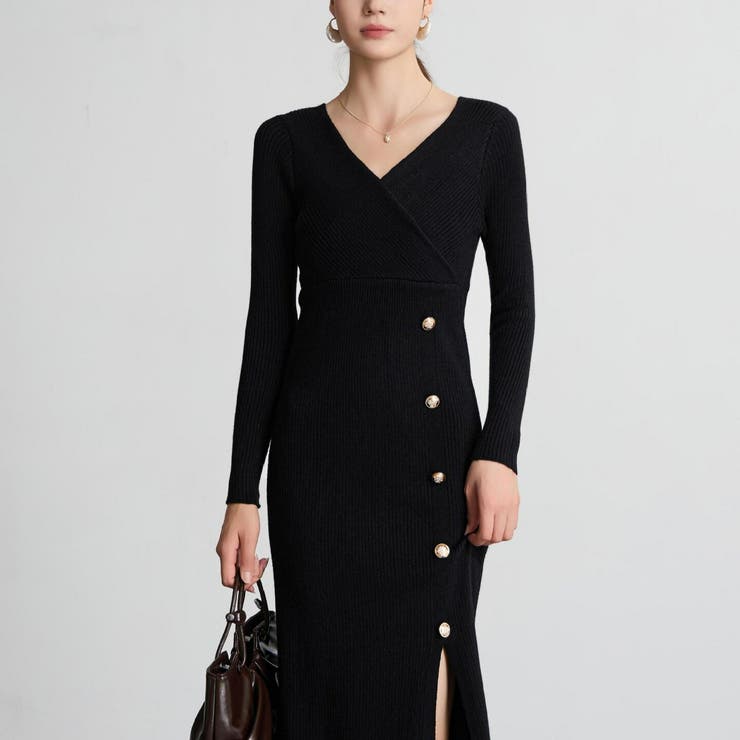 JS FASHION カシュクール Vネック ニットワンピース スリット ストレッチ 5色展開 レディース 長袖 ボタン飾り ミディアム丈 秋冬 フリー ミディアム丈 タイトシルエット ハイウェスト ブラック ダークグレー グレー レッド グリーン ワン shoplistselect-10341337 SHOPLIST サンプル画像2