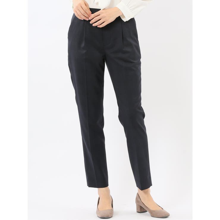 【10％OFFクーポン！11/27(木)1:59まで】TAKA-Q WOMEN ストレッチウォッシャブル ウール混 タックテーパードパンツ チェック紺(セットアップ可能) スーツ