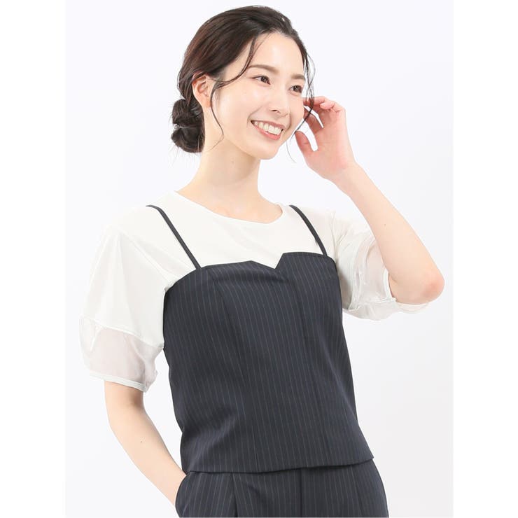 【10％OFFクーポン！2/10(火)1:59まで】TAKA-Q WOMEN ストレッチウォッシャブル ピンスト ビスチェ 紺(セットアップ可能) トップス