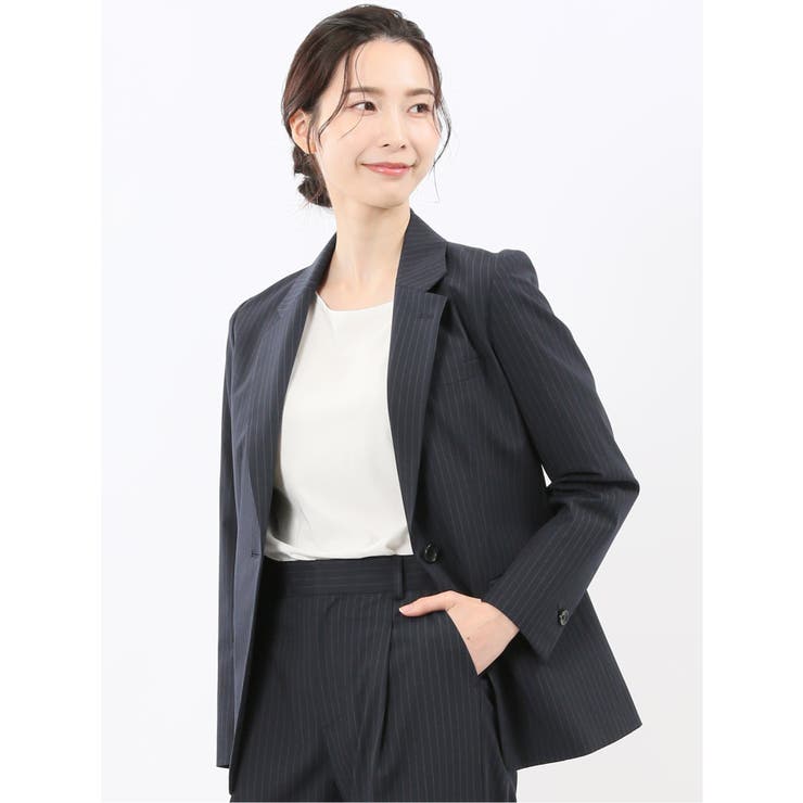 TAKA-Q WOMEN ストレッチウォッシャブル ピンスト リラクシング 1ボタンジャケット 紺(セットアップ可能) スーツ