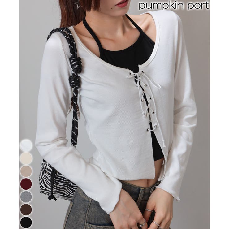 Pumpkin Port フェイクレイヤード スピンドルリボン 前あきテレコロンT トップス