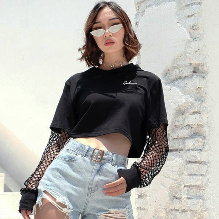 Decorative ショート丈 クロップド丈 ボレロ パーカー フーディ カットソー レイヤード 重ね着 トップス メッシュ 異素材 シースルー 袖 長袖 重ね着風 ブラック ダンス衣装 韓国 ファッション トップス