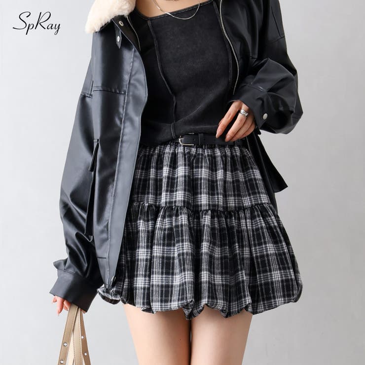 【10％OFFクーポン！3/26(木)1:59まで】SpRay ベルト付きチェックバルーンミニスカート スカート