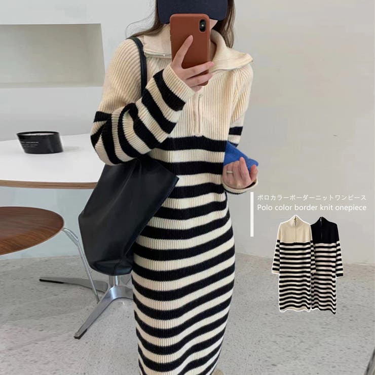 【20％OFFクーポン！6/4(木)限定】Miniministore ボーダー ニットワンピース ポロカラー冬 ワンピース・ドレス