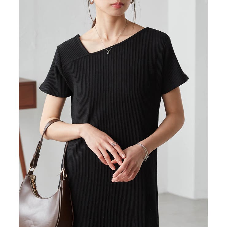 RANAN アシメネックハーフスリーブリブワンピ ワンピース・ドレス