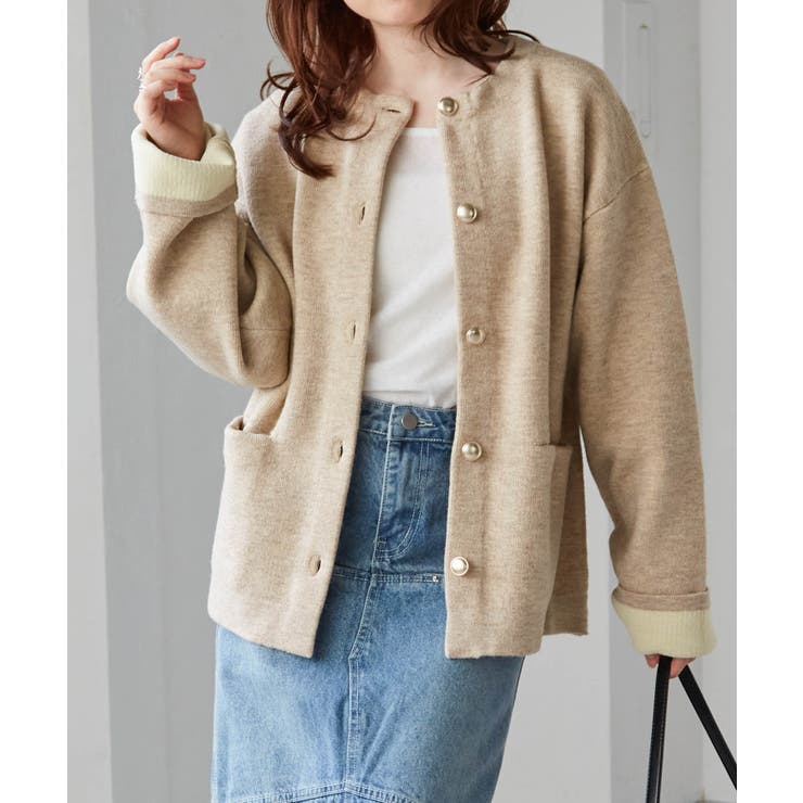 【10％OFFクーポン！2/10(火)1:59まで】RANAN ゴールドボタン裏配色ニットカーディガン トップス