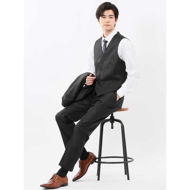 TAKA-Q MEN 光沢ウール混 スリムフィット 2ボタン3ピーススーツ シャドーストライプ黒 スーツ