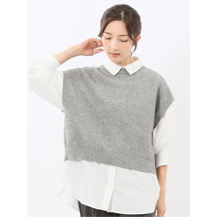 【10％OFFクーポン！2/10(火)1:59まで】TAKA-Q WOMEN ウォッシャブル 地柄 バックスリット ニットベスト トップス
