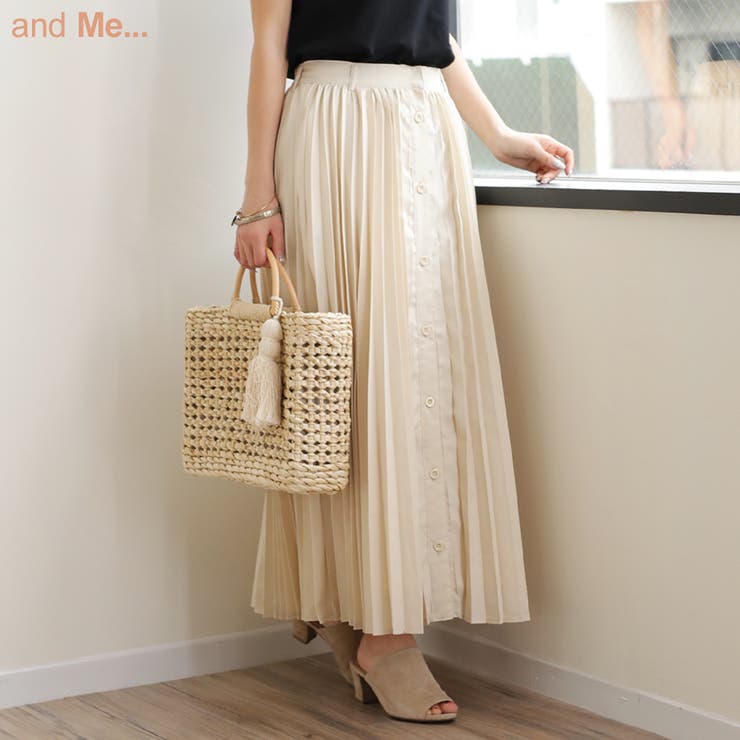 【10％OFFクーポン！11/27(木)1:59まで】andme プリーツ フロントボタン マキシ丈スカート ロング ボトムス 秋 カジュアル レディース シンプル フェミニン 無地 サイドポケット スカート