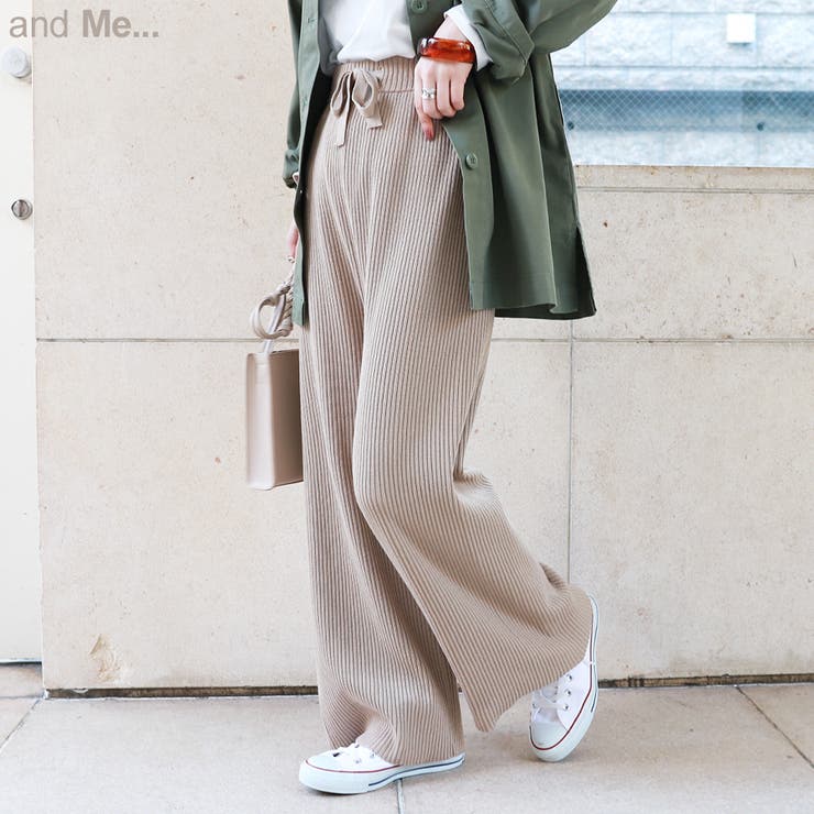 andme ニットパンツ リブ ドローストリング ワイドパンツ ウエストゴム レディース ロング丈 フェミニン M/Lサイズ 秋 冬 春 マタニティ パンツ・ズ...