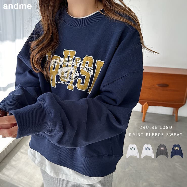 【10％OFFクーポン！11/27(木)1:59まで】andme CRUISE ロゴ プリント 裏毛 スウェット トップス レディース スウェットトップス トレーナー 長袖 プルオーバー オーバーサイズ 体型カバー 楽ちん コットン 綿 ボリューム袖 カのサムネイル