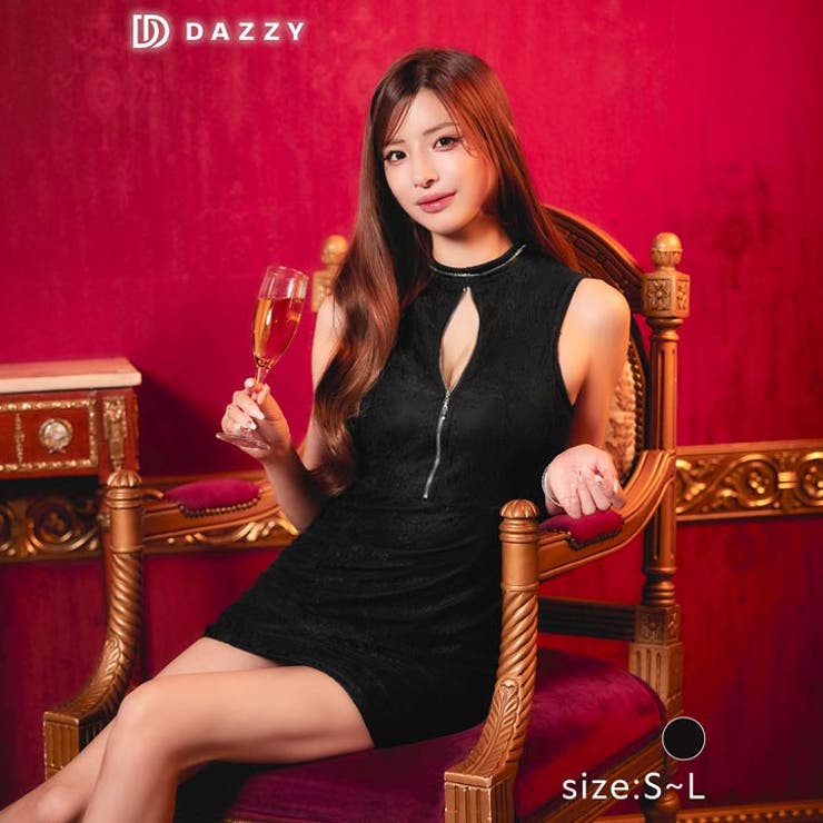 Dazzy ネックビジューノースリーブジップレースタイトミニドレス[SML/3サイズ展開] ワンピース・ドレス