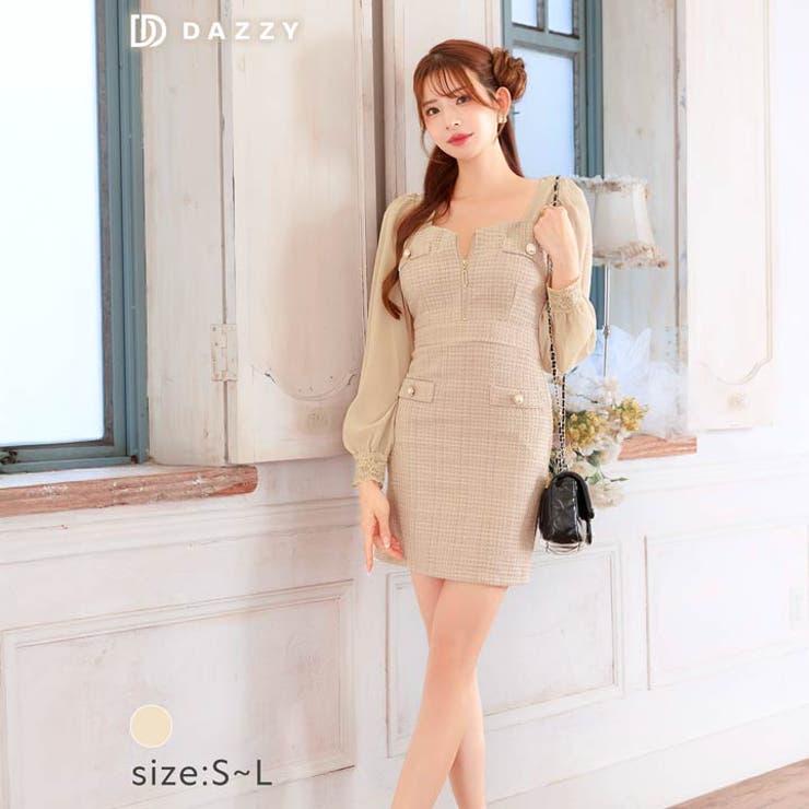 Dazzy [SML/3サイズ展開] フロントジップツイードパールビジューシフォン長袖タイトミニドレス ワンピース・ドレス