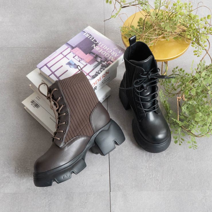 FABBY FABBY. 厚底リブニットレースアップショートブーツ シューズ・靴