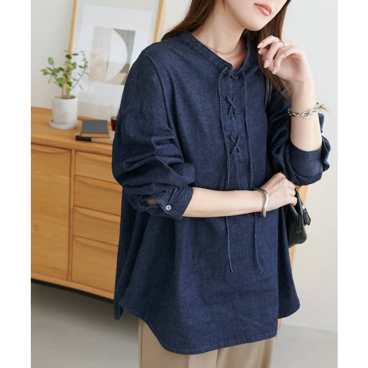 【20％OFFクーポン配布中！10/25(土)23:59まで】PAL GROUP OUTLET 【Discoat】ライトデニムレースアップブラウス トップスのサムネイル