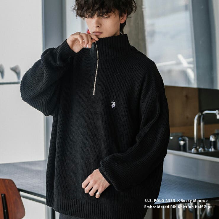 Rocky Monroe ユーエスポロアッスン 長袖畦編みニット ハーフジップ U.S. POLO ASSN. セーター 無地 メンズ レディース オーバーサイ...