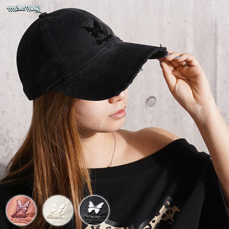 ONE 4 PREMIUM ダメージキャップ ユニセックス つば広 帽子 レディース 綿100 ベースボールキャップ 蝶 プレート カーブドバイザー キャップ ピンク ライトベージュ ブラック 春 夏 秋 冬 韓国ファッション ストリート系 ブランド