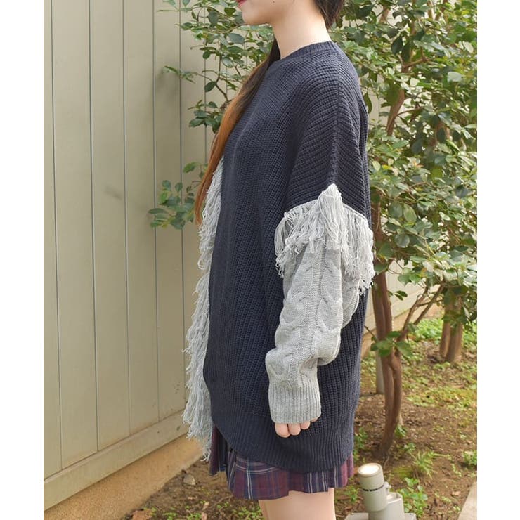 axes femme バイカラー×フリンジニット トップス