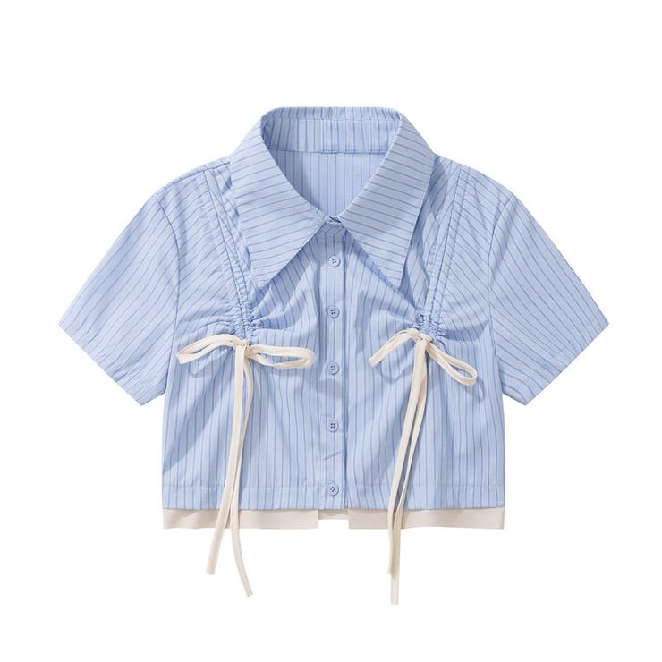 HOOK 【HOOK】for girls 裾切りっぱなしレイヤード風紐シャーリング半袖ブラウス トップス