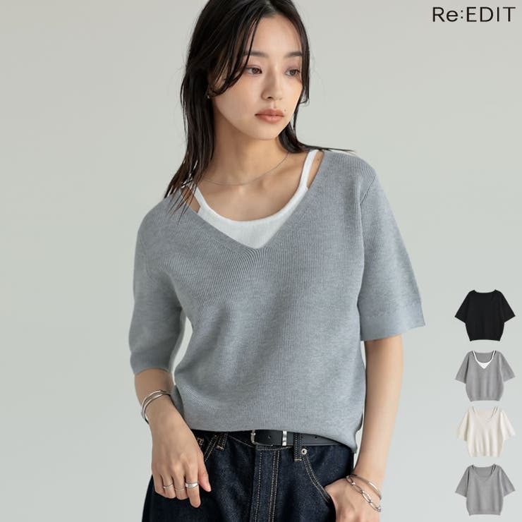 【10％OFFクーポン！12/11(木)1:59まで】Re:EDIT [涼感]リネンタッチニットレイヤードライク半袖トップス トップス