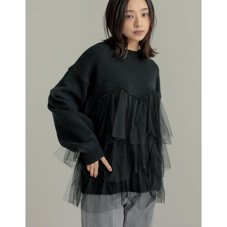 Re:EDIT [2024-25 WINTER COLLECTION]チュールギャザーモヘアタッチニットプルオーバー トップス shoplistselect-10356254 SHOPLIST サンプル画像3