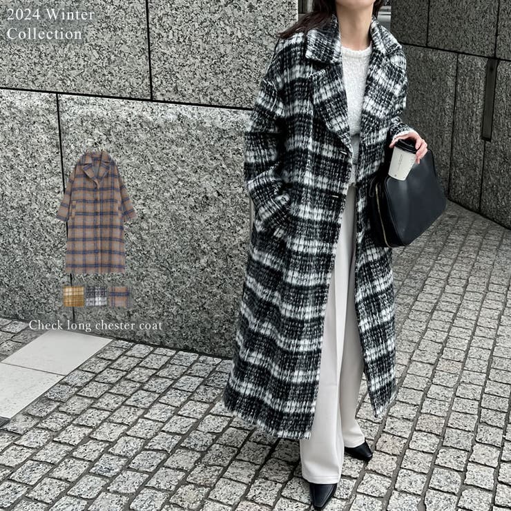 Re:EDIT [2024-25 WINTER COLLECTION]起毛チェック柄ロングチェスターコート アウター(コート・ジャケットなど)